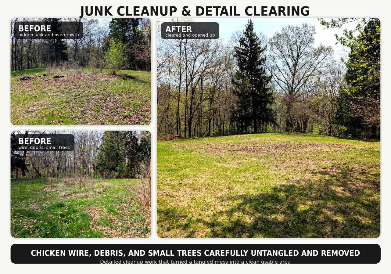 Before and after photos of a wooded area cleared of chicken wire, debris and small trees